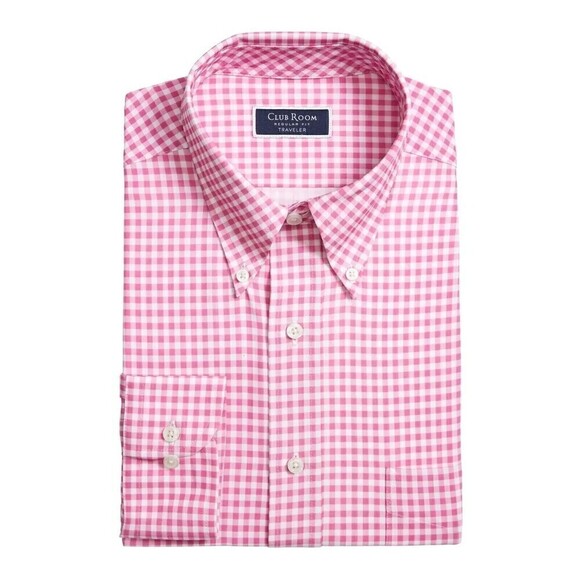 Club Room Men Traveler Gingham Button-Down Shirt Regular Fit Orchid Pink XL 17.5 - Picture 1 of 5